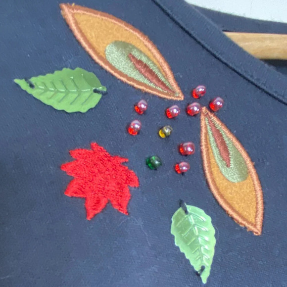 Vintage Crystal Kobe Black Embellished Fall Leaves Tee Long Sleeve Plus Size 2X - Picture 4 of 10